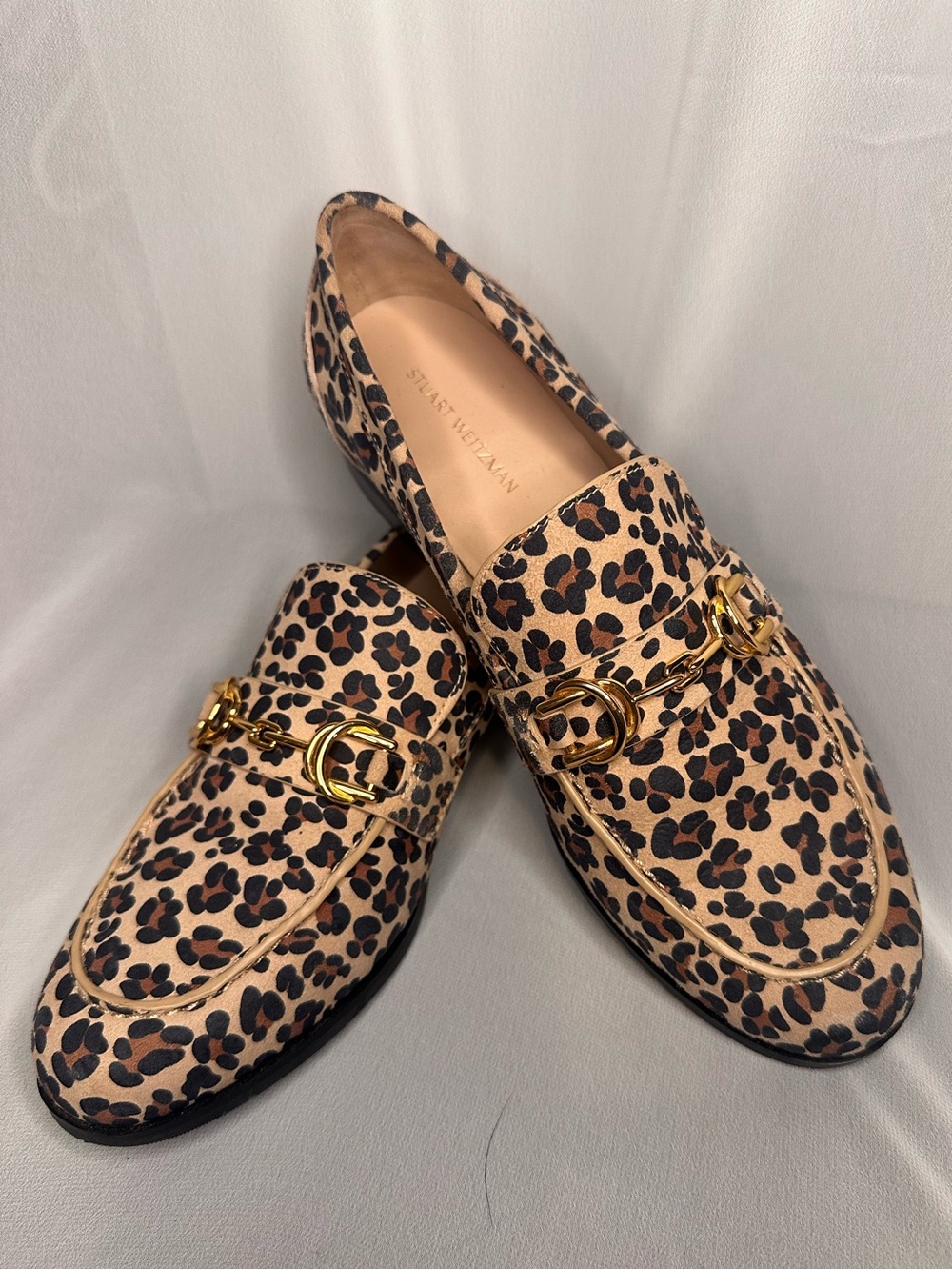 Stuart Weitzman Tan and Black Leopard Suede Loafers with Gold Hardware